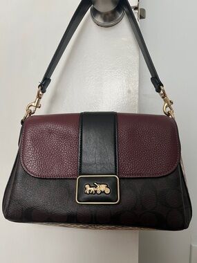 Coach Burgundy and Black Pebbled Leather & Signature Canvas Shoulder Bag
